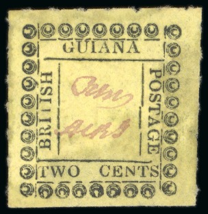 Stamp of British Guiana » Later Issues » 1862 Type-set Provisional Issue (SG 116-124) » Two Cent "Pearls" Type Frame 1862 Provisionals 2 cent black on yellow, roulette 6, type B, position 17, unused