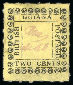 Stamp of British Guiana » Later Issues » 1862 Type-set Provisional Issue (SG 116-124) » Two Cent "Pearls" Type Frame 1862 Provisionals 2 cent black on yellow, roulette 6, type B, position 20, showing weak/broken "T" in "BRITISH"