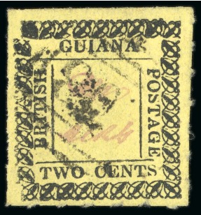Stamp of British Guiana » Later Issues » 1862 Type-set Provisional Issue (SG 116-124) » Two Cent "Beetle" Type Frame 1862 Provisionals 2 cent black on yellow, roulette 6, type A, position 1, used