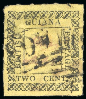 Stamp of British Guiana » Later Issues » 1862 Type-set Provisional Issue (SG 116-124) » Two Cent "Beetle" Type Frame 1862 Provisionals 2 cent black on yellow, roulette 6, type A, position 8, used