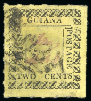 Stamp of British Guiana » Later Issues » 1862 Type-set Provisional Issue (SG 116-124) » Two Cent "Beetle" Type Frame 1862 Provisionals 2 cent black on yellow, roulette 6, type A, position 12, used