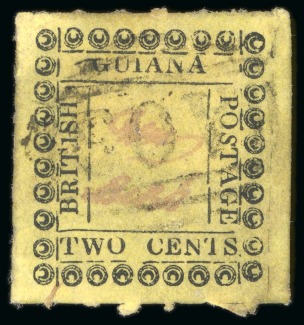 Stamp of British Guiana » Later Issues » 1862 Type-set Provisional Issue (SG 116-124) » Two Cent "Pearls" Type Frame 1862 Provisionals 2 cent black on yellow, roulette 6, type B, used