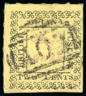 Stamp of British Guiana » Later Issues » 1862 Type-set Provisional Issue (SG 116-124) » Two Cent "Grapes" Type Frame 1862 Provisionals 2 cent black on yellow, showing "PCSTAGE" and wrong ornaments at top, used