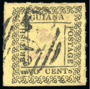 Stamp of British Guiana » Later Issues » 1862 Type-set Provisional Issue (SG 116-124) » Two Cent "Grapes" Type Frame 1862 Provisionals 2 cent black on yellow, roulette 6, type C, position 22, used