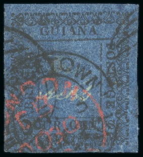 Stamp of British Guiana » Later Issues » 1862 Type-set Provisional Issue (SG 116-124) » Four Cent "Shell" Type Frame 1862 Provisionals 4 cent black on blue, roulette 6, type D, position 4, used