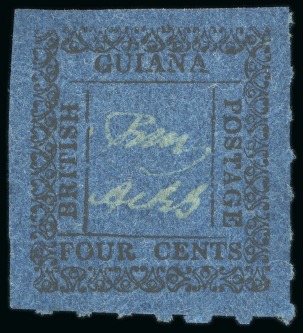 Stamp of British Guiana » Later Issues » 1862 Type-set Provisional Issue (SG 116-124) » Four Cent "Shell" Type Frame 1862 Provisionals 4 cent black on blue, roulette 6, type D, showing distinct arrangement in lower border, unused