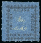 Stamp of British Guiana » Later Issues » 1862 Type-set Provisional Issue (SG 116-124) » Four Cent "Trefoils" Type Frame 1862 Provisionals 4 cent black on blue, roulette 6, type F, position 17, unused