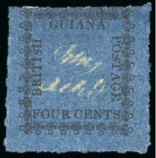 Stamp of British Guiana » Later Issues » 1862 Type-set Provisional Issue (SG 116-124) » Four Cent "Trefoils" Type Frame 1862 Provisionals 4 cent black on blue, roulette 6, type F, position 15, unused