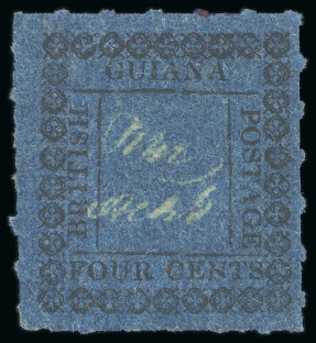 Stamp of British Guiana » Later Issues » 1862 Type-set Provisional Issue (SG 116-124) » Four Cent "Quatrefoils" Type Frame 1862 Provisionals 4 cent black on blue, roulette 6, type E, position 12, unused
