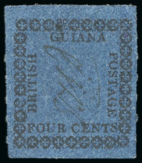 Stamp of British Guiana » Later Issues » 1862 Type-set Provisional Issue (SG 116-124) » Four Cent "Quatrefoils" Type Frame 1862 Provisionals 4 cent black on blue, roulette 6, type E, position 20, unused