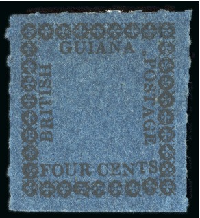 Stamp of British Guiana » Later Issues » 1862 Type-set Provisional Issue (SG 116-124) » Four Cent "Quatrefoils" Type Frame 1862 Provisionals 4 cent black on blue, roulette 6, type E, position 24, unused