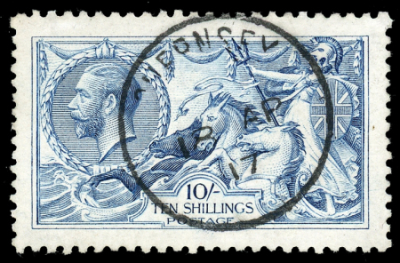 Stamp of Great Britain » King George V » 1913-19 Seahorse Issues 1915 De La Rue 10/- blue, lightly cancelled by Guernsey