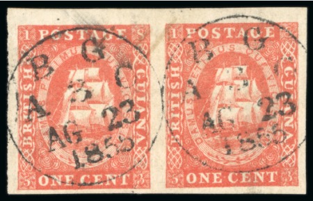 1853-59 Waterlow lithographed 1 cent first stone, vermilion, pair
