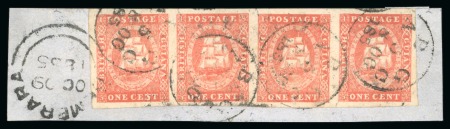 1853-59 Waterlow lithographed 1 cent first stone, vermilion, horizontal strip of four