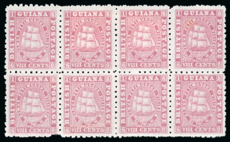 Stamp of British Guiana » Later Issues » 1860-76 Ship Issues (SG 29-115) 1860-76 Ship issue 8 cents pink, perf. 10, mint block of 8