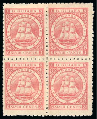 Stamp of British Guiana » Later Issues » 1860-76 Ship Issues (SG 29-115) 1860-76 Ship issue 48 cents red, perf. 10, mint block of four