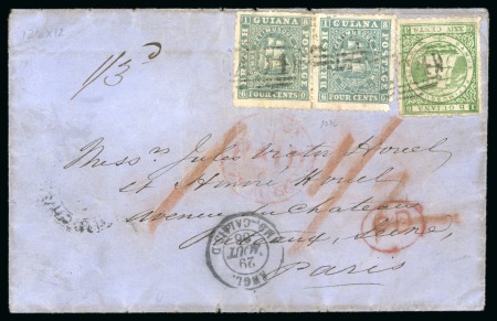 Stamp of British Guiana » Later Issues » 1860-76 Ship Issues (SG 29-115) 1866 Wrapper from New Amsterdam to Paris, France, with 4c pair in combination with large-type 24c paying the 32c rate