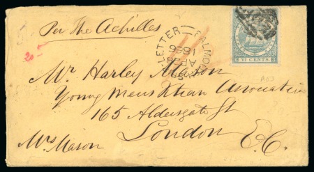 Stamp of British Guiana » Later Issues » 1860-76 Ship Issues (SG 29-115) 1866 Envelope from Georgetown to England, with 6c neatly tied by "A03" barred numeral, endorsed "per the Achilles" at top
