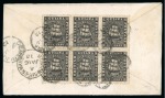 1872 Envelope (opened for display) from Demerara to England, with 1c perf.10 block of six on reverse