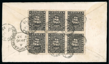 Stamp of British Guiana » Later Issues » 1860-76 Ship Issues (SG 29-115) 1872 Envelope (opened for display) from Demerara to England, with 1c perf.10 block of six on reverse
