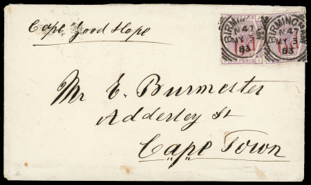 Stamp of Great Britain » 1855-1900 Surface Printed » 1880-83 Large Coloured Corner Letters, Wmk Imperial Crown 1883 (May 3) Cover from Birmingham to Cape Town bearing two 6d. on 6d. lilac singles