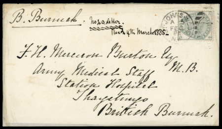 Stamp of Great Britain » 1855-1900 Surface Printed » 1883-84 Lilac & Green Issue 1885 (Feb 6) Cover from London to Thayetmyo, Burma,