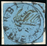 1850-51 12 cents black on pale blue, "EDW", cut square, used