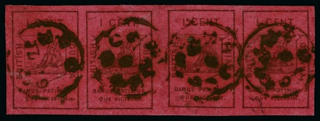 1852 Waterlow 1 cent black on magenta, Types Ia-IIa-IIb-IIb, a full horizontal row of four, used