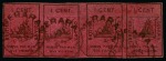 Stamp of British Guiana » 1852 Waterlow (SG 9-10) 1852 Waterlow 1 cent black on magenta, Types Ia-IIa-Ib-IIb, a full horizontal row of four, used