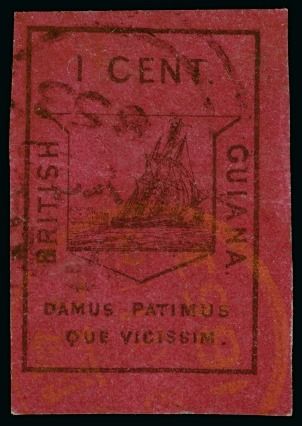 WITHDRAWN - 1852 Waterlow 1 cent black on magenta, good to large margins and light Demerara JY 23 1853 cds 