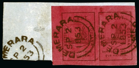 Stamp of British Guiana » 1852 Waterlow (SG 9-10) 1852 Waterlow 1 cent black on magenta, brilliant horizontal pair on piece