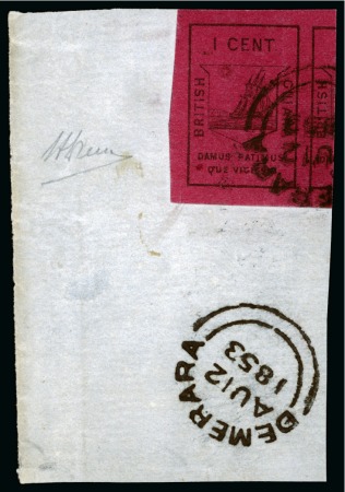1852 Waterlow 1 cent black on magenta, a huge example used on fragment