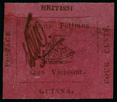 1856 Provisional 4 cents black on magenta, initials of postal clerk Wight "EDW", possibly unused