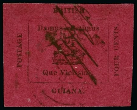 Stamp of British Guiana » 1856 Provisionals (SG 23-27) 1856 Provisional 4 cents black on magenta, initials of postal clerk Dalton "ETED", very large margins, used