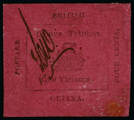 Stamp of British Guiana » 1856 Provisionals (SG 23-27) 1856 Provisional 4 cents black on magenta, Type 4, initials of postal clerk Wight "EDW", unused 