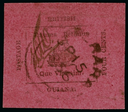 Stamp of British Guiana » 1856 Provisionals (SG 23-27) 1856 Provisional 4 cents black on rose-carmine, exceptionally large even margins, used