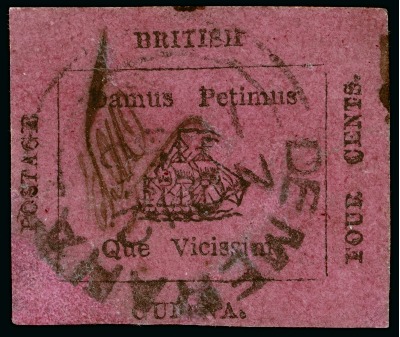 Stamp of British Guiana » 1856 Provisionals (SG 23-27) 1856 Provisional 4 cents black on rose-carmine, cut square, central Demerara datestamp