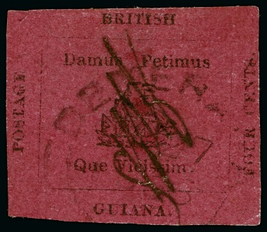 1856 Provisional 4 cents black on rose-carmine, cut square, light Demerara datestamp