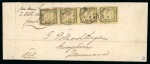Stamp of British Guiana » Later Issues » 1862 Type-set Provisional Issue (SG 116-124) 1862 Provisionals 2 cent yellow vertical strip of four, tied to entire from Plantation Reliance to Georgetown