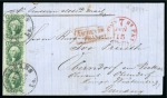 1859, June 4. Cover from New Orleans to Germany, 1859 10c green, type V in vertical strip of three