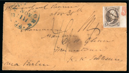 Stamp of United States » Outgoing Mail 1850, Nov 11. Envelope including original enclosure from Baltimore to Freiwaldau (Austria), 1847 5c red brown, double transfer (type B)