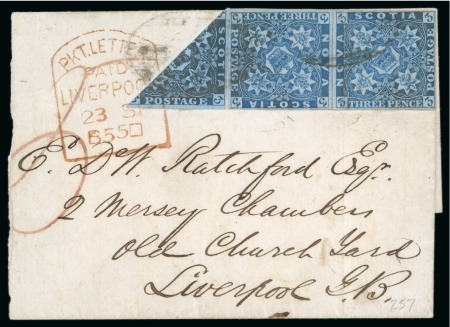 Stamp of Canada » Nova Scotia » Outgoing Mail 1855 (Sep 9). Cover (slightly reduced at left) from Amherst to Liverpool, 1851-60 3d deep blue, diagonal half and two singles