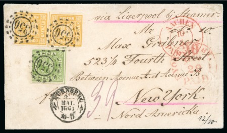 Stamp of United States » Incoming Mail German States - Bavaria. 1861 (May 4). Envelope from Nurnberg to New York, 1850-54 well margined 9kr and 18kr pair