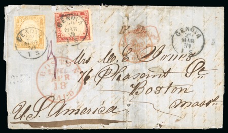 Italian States - Sardinia. 1859 (March 23). Entire letter from Genoa to Boston with 1859 40c and 1858 80c