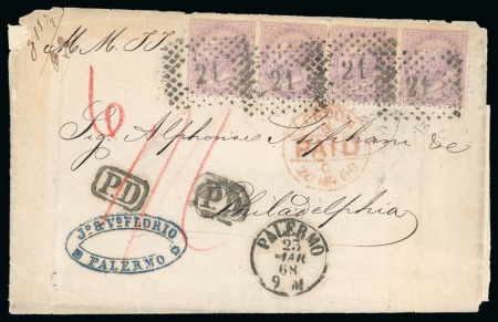 Italy. 1868 (March 23). Entire letter form Palermo to Philadelphia with 1863-65 60c strip of four