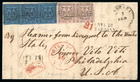 Stamp of United States » Incoming Mail Modena. 1857 Entire letter from Carrara to New York, 1852 10c pair & 40c strip of three