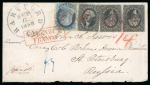 1858 (Sept 6). Envelope from Hartford to St. Petersburg, with 1857-61 1c blue, type V, and 12c black, plate 1, pair and single