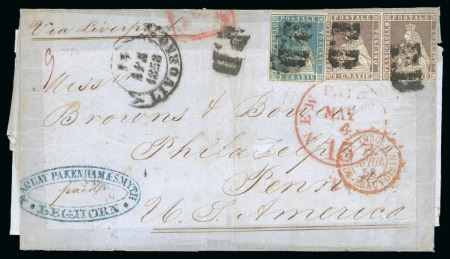 Italian States - Tuscany. 1858 (April 14). Cover from Leghorn to Philadelphia, bearing 1851 9cr pair and 1857 2cr