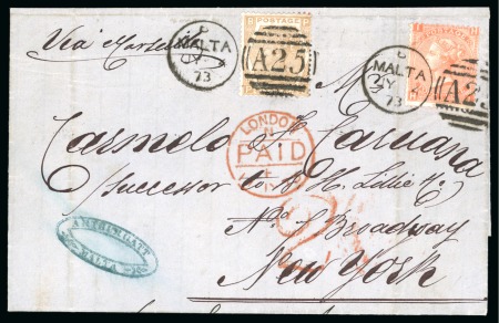 Malta. 1873 (July 4). Entire letter to New York, with 1872 4d vermilion pl. 13 and 6d pale buff pl. 11