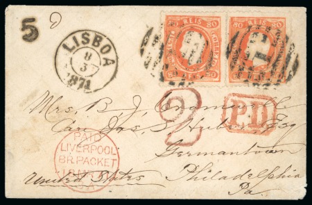 Portugal. 1871 (March 8). Envelope from Lisbon to Philadelphia, 1867 80r pair 